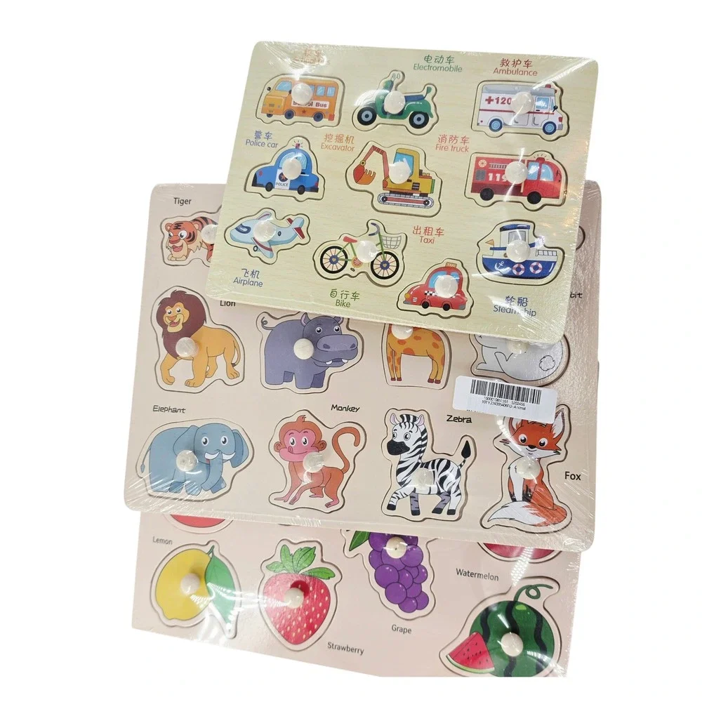 The Little Marvin Wooden Peg Puzzle Set 3pc Animals Fruits Vehicles with Bag NEW